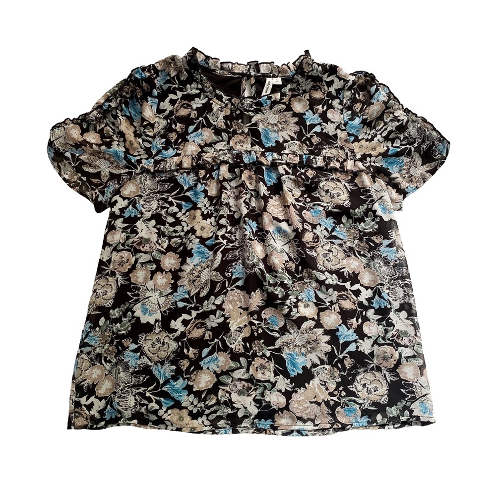 Kensie Black Floral Blouse - Dressy Sheer Short Sleeve Ruffle Top Size Small